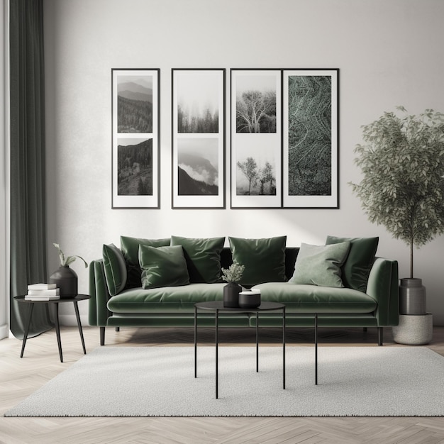 Minimalist interior with green sofa and black and white photographs