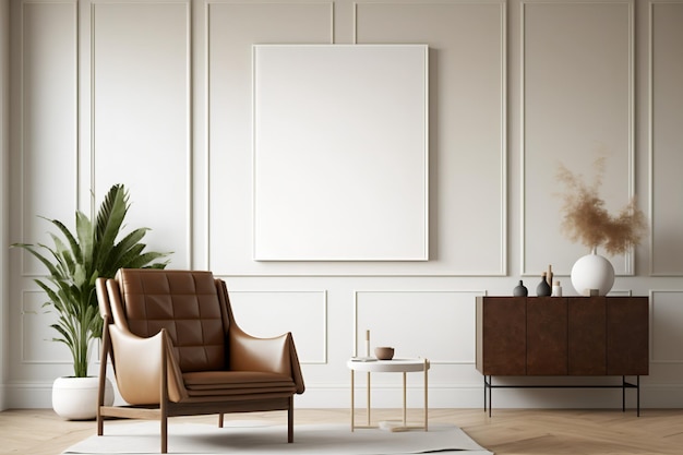 空白の壁に白いキャンバスが掛けられたミニマリストのインテリア、茶色の革張りのアームチェアが特徴