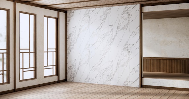 Минималистский интерьер с деревянной японской пустой стеной фона мокета