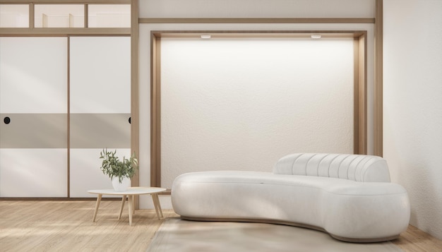Soggiorno minimalista in stile japandi decorato con divano