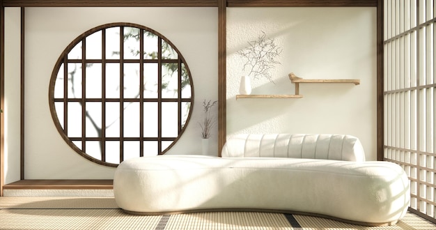 Minimalist japandi style living room decorated with sofa