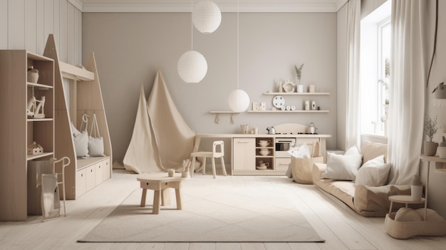 A minimalist kids playroom with simple clean design and neutral color palette AI generated