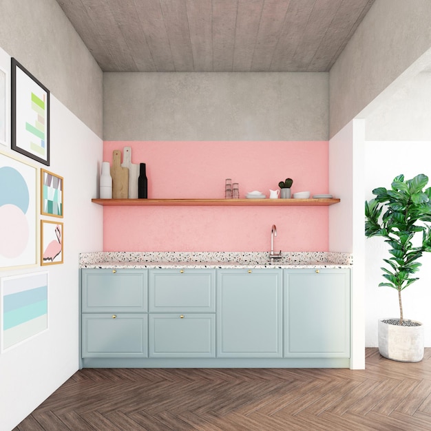 Minimalist kitchen room with blue pastel cabinets and pink pastel wall3d rendering