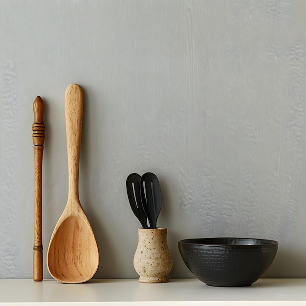 Photo minimalist kitchen utensils and bowl on shelf