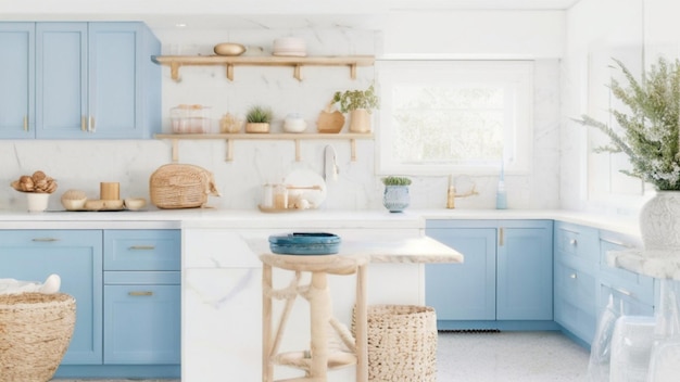 A minimalist kitchen with a coastal feel featuring light blue cabinets white marble countertops a