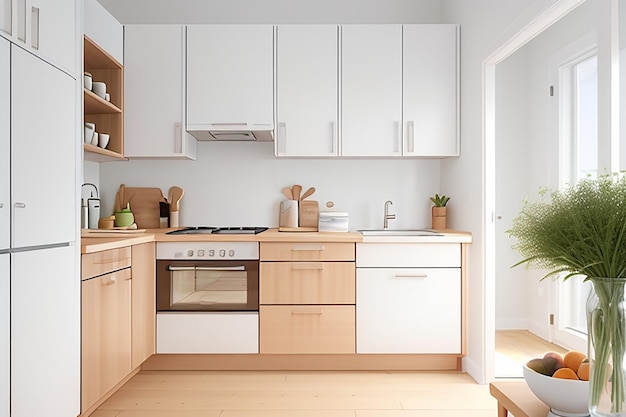 A minimalist kitchen with a Scandinavian influencefeaturing light wood cabinets a brightairy feel