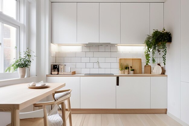 A minimalist kitchen with a Scandinavian influencefeaturing light wood cabinets a brightairy feel