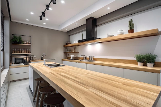 Minimalist kitchen with sleek and modern appliances and natural wooden countertops