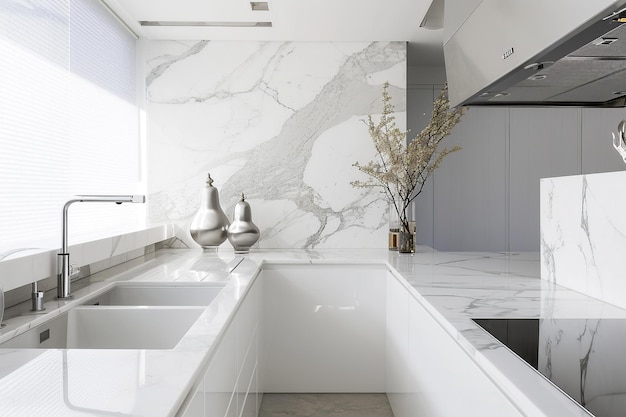 Minimalist Kitchen with White Marble Countertop