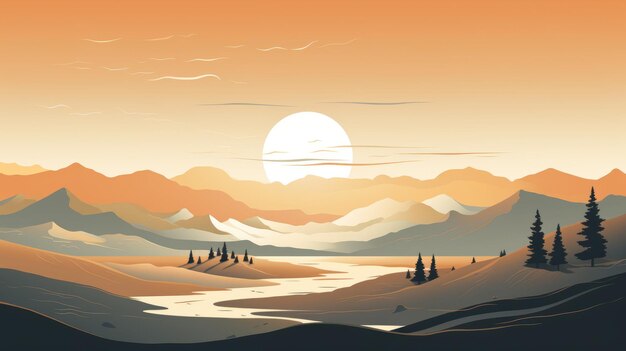 Photo minimalist landscape illustrations coloured valley with sunrise and sunset