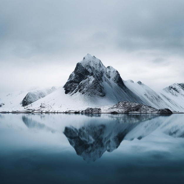 minimalist landscape photograph capturing the harmonious convergence of the sea mountains and snow