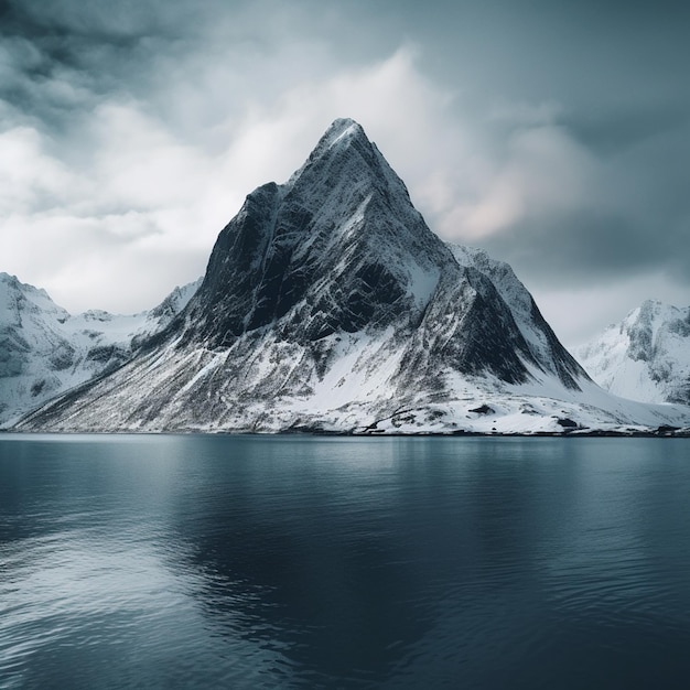 海と山と雪の調和を捉えるミニマリストの風景写真