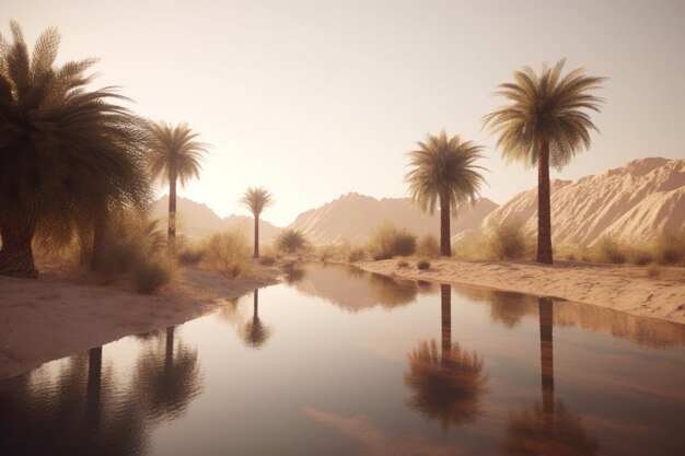 A minimalist landscape with a scenic desert oasis or palm grove