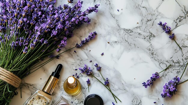 Minimalist Lavender and Cosmetics Flat Lay on Marble