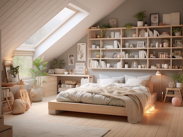 Minimalist light wood bedroom interior with soft hues AI Generated