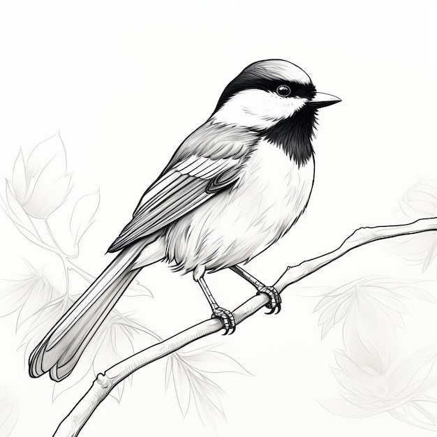 Photo minimalist line art of a chickadee perched on a branch