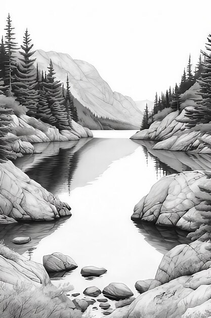 Minimalist line art depicting a serene lakeside landscape AI generate illustration