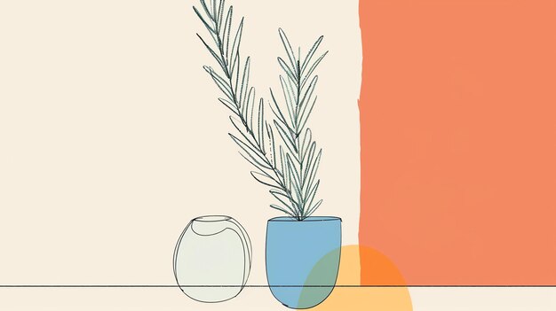 Photo a minimalist line drawing of a potted plant in front of a color block background the plant has long thin leaves and is placed in a round pot