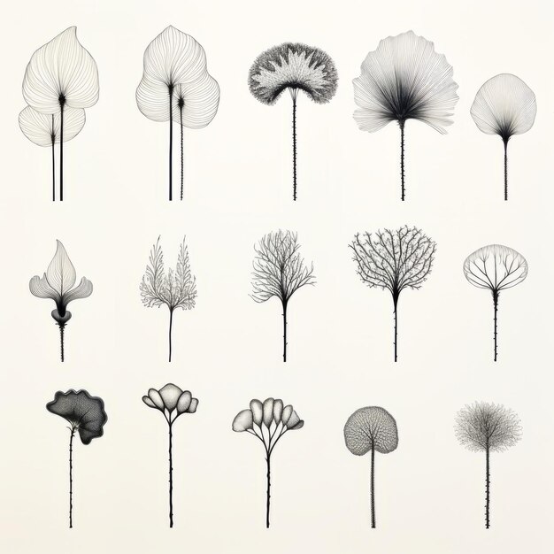 Minimalist Line Drawings Of Semiplume Set Black And White Illustrations Of Ethereal Trees And Delicate Flowers