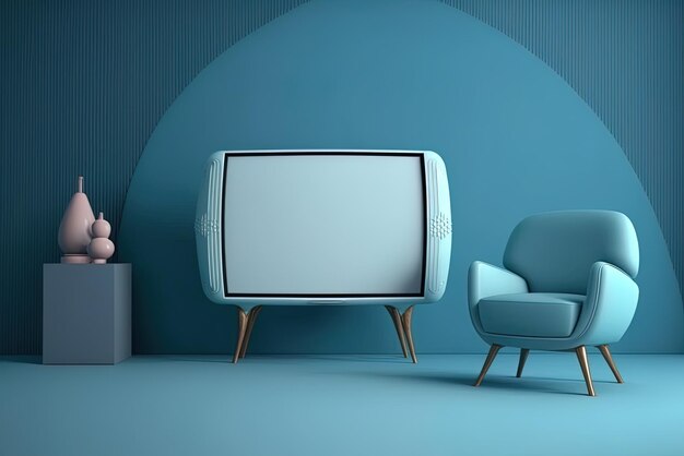 The minimalist living area with the smart tv mounted on the blue wall and an armchair