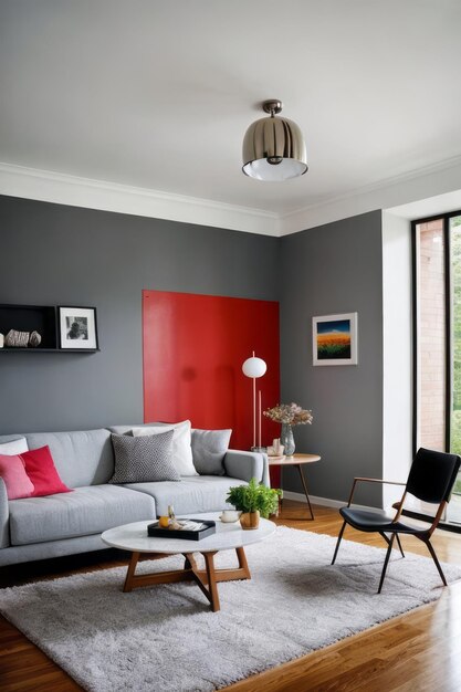 부드러운 회색 과 색 의 인테리어 디자인 으로 여 있는 미니멀리즘 의 거실