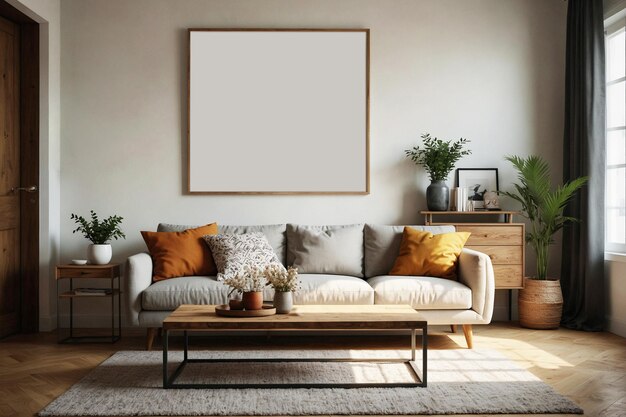 Minimalist Living Room Blank Image Canves Mockup on Wall