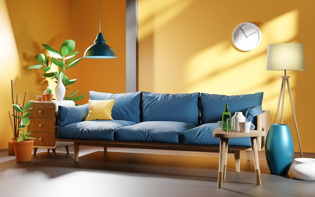 シンプルなリビング ルームの青いソファ黄色の枕と黄色の壁北欧インテリア デザイン 3 d レンダリング