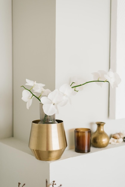 Minimalist living room decor in Scandinavian or Japanese style Golden with branches of white orchids