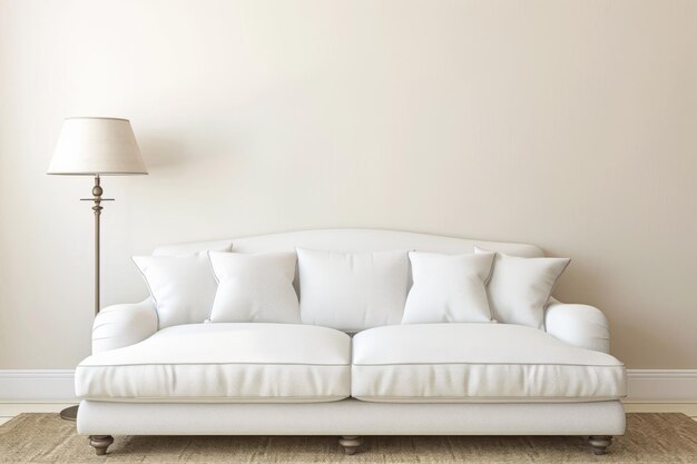 Minimalist living room interior in warm serene tones with a sofa and a lamp as decor