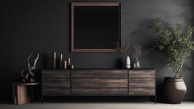 Minimalist Living Room Interior with Framed Cabinet on Dark Wall