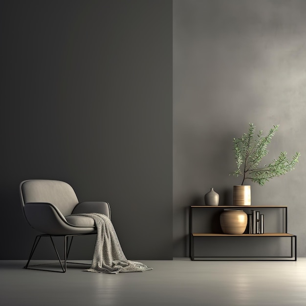 Minimalist living room interior with grey armchair and olive tree