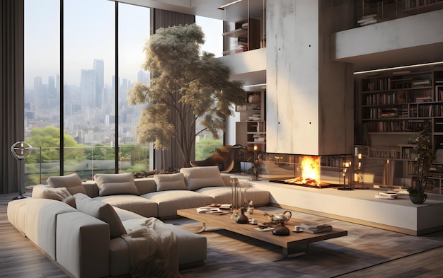 Minimalist living room interior with modern fireplace