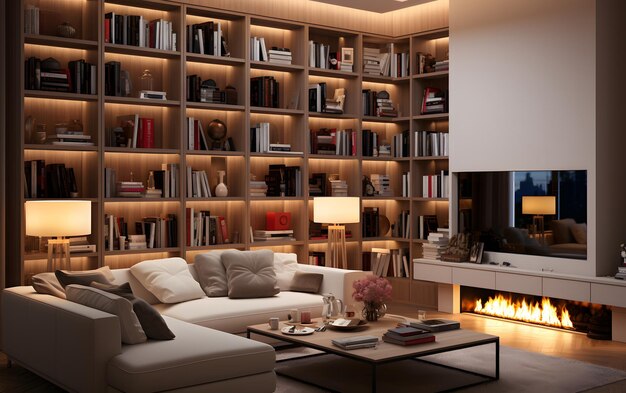 Minimalist living room interior with modern fireplace