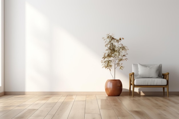 Минималистичный интерьер гостиной с деревянным полом на большой стене Generative AI