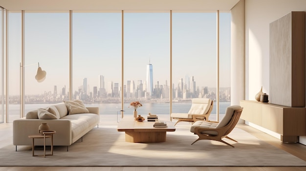 Minimalist Living Room Overlooking Cityscape