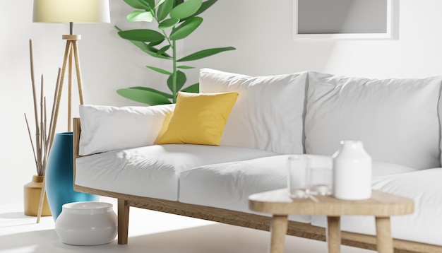 Foto soggiorno minimalista divano bianco cuscino giallo interior design scandinavo 3d render