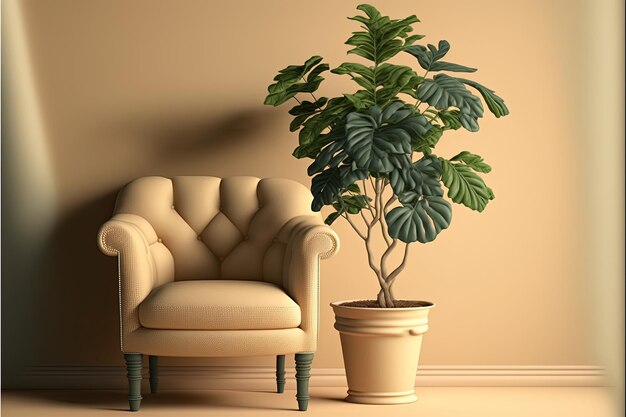 Minimalist living room with beige wall, beige armchair and potted plant. Generative AI