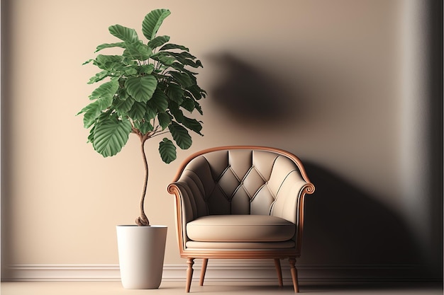 Minimalist living room with beige wall, beige armchair and potted plant. Generative AI