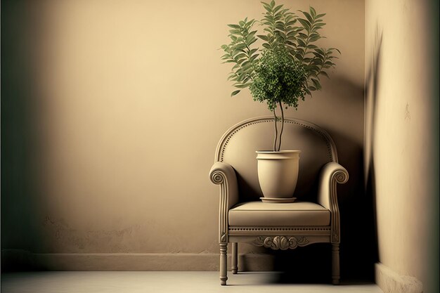 Minimalist living room with beige wall, beige armchair and potted plant. Generative AI