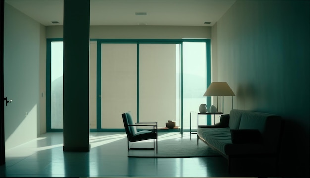 Минималистская гостиная с чистой концепцией дизайна интерьера с дневным светом