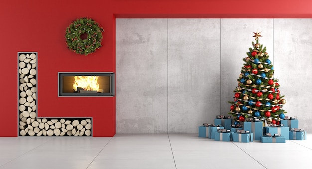 暖炉とクリスマスツリーのあるシンプルなリビングルーム
