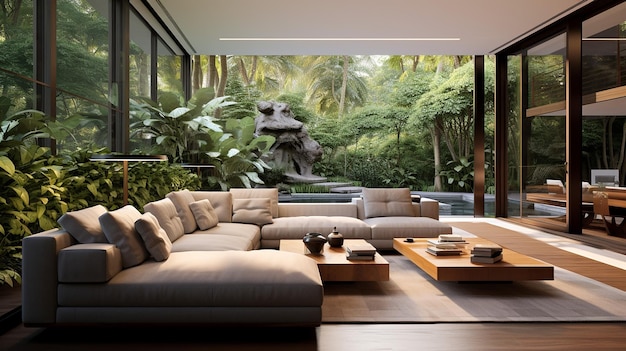 minimalist living room with garden view