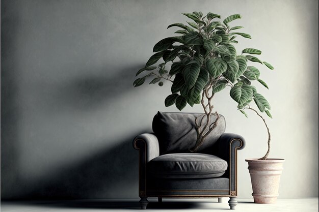 Minimalist living room with gray wall, gray armchair and potted plant. Generative AI