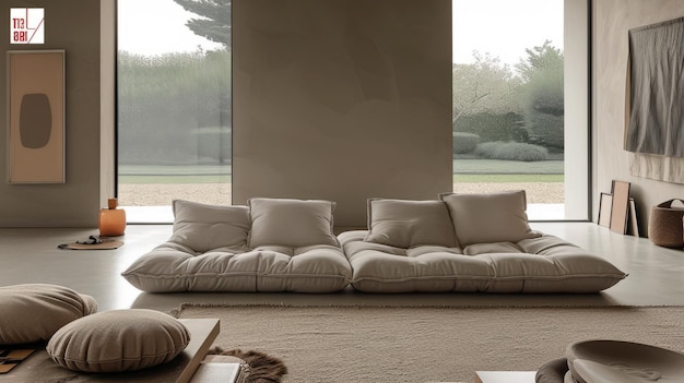 A minimalist living room with a large comfortable sofa