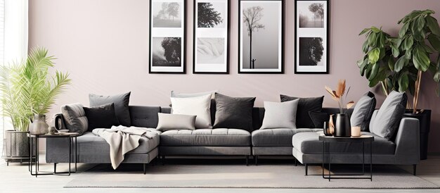 Minimalist living room with pastel black and metallic silver color 8 frames on the wall furnishings and plants ing poster gallery wall