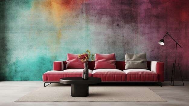 Minimalist living room with single sofa table and colorful grunge backdrop