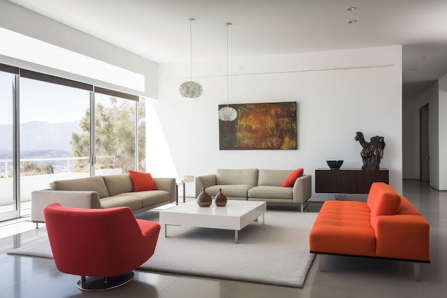 Minimalist living room with sleek sofas and tables plus a pop of color