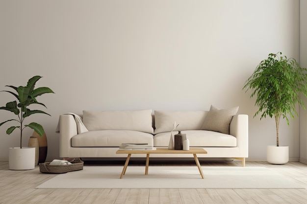 A minimalist living room with a sofa coffee table and potted plants