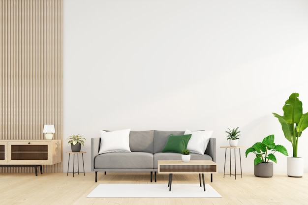 소파와 커피 테이블, 흰색 벽, 녹색 식물이 있는 미니멀한 거실. 3d 렌더링