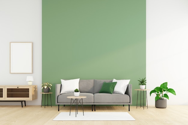 Soggiorno minimalista con divano e tavolino, parete verde e pianta verde. rendering 3d